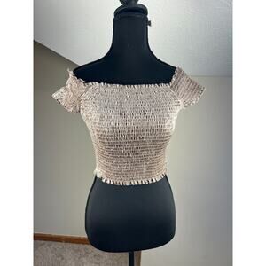 White Fawn Smocked Velvet Crop Top Y2K Stretch Off The Shoulder Medium Brown 90s